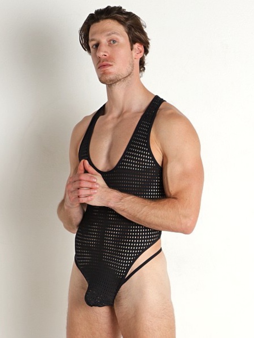 Men's Black Mesh Thong Bodysuit - Black